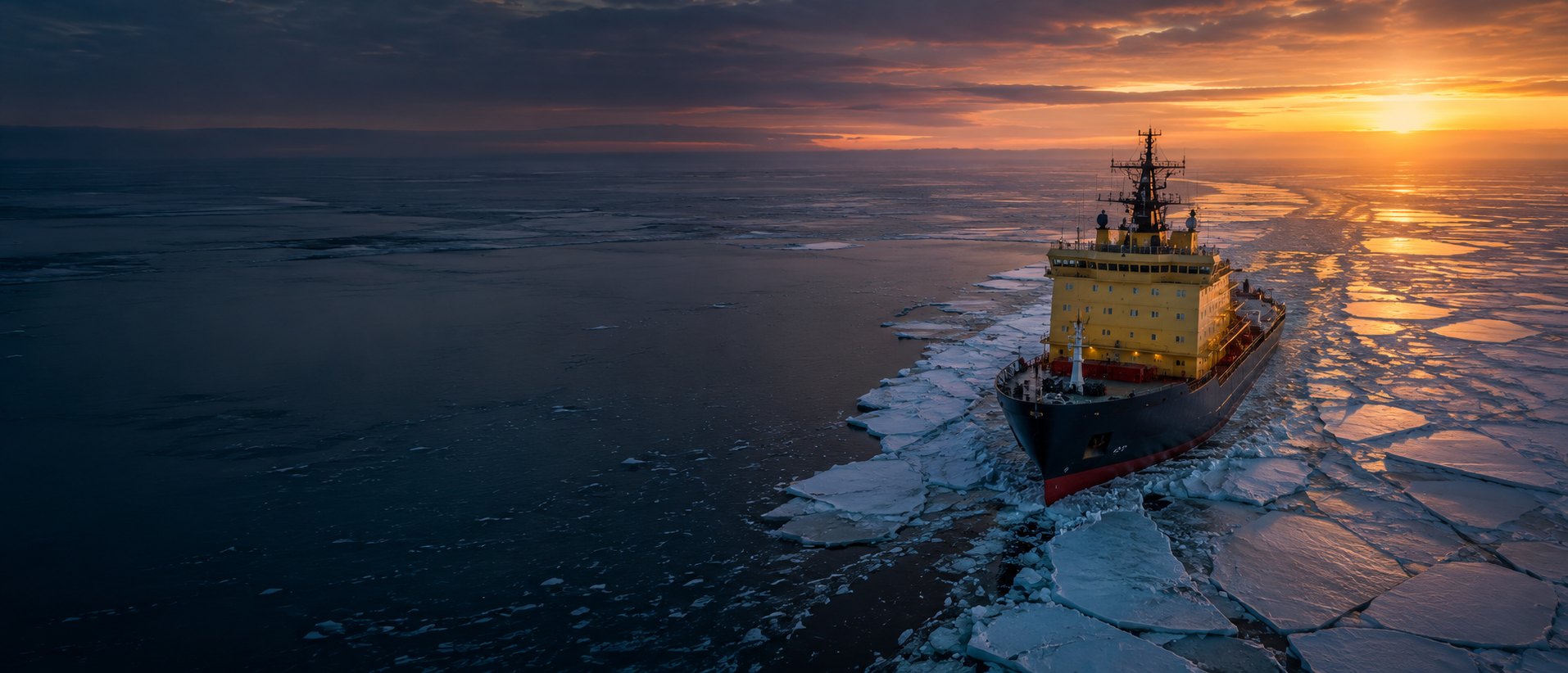 Icebreaker with a yellow superstructure forcing through pack ice at sunset